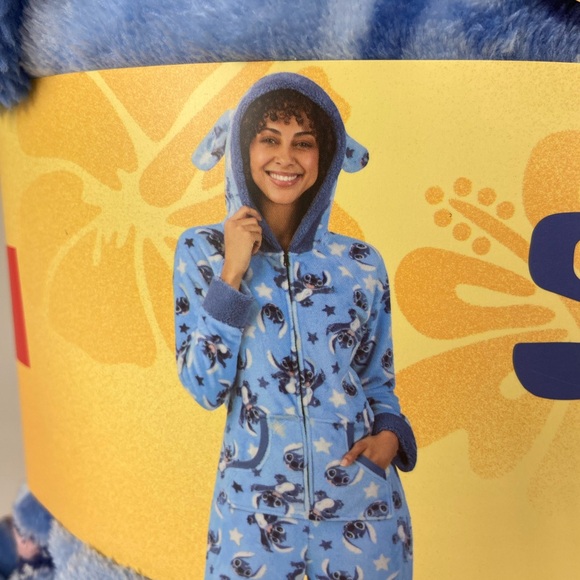 Disney Stitch One Piece Pajama Women’s Medium Blue Plush Hooded Onesie NWT - Picture 2 of 6